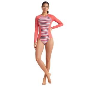 Lolë Long Sleeve Athletic Bodysuit Coral Stripe Zip Back Yoga Activewear M